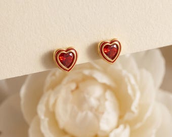 925 Sterling Silver Gold Red Heart Stud Earrings, Ruby Heart Studs, Dainty Minimalist Romantic Gift for Her Jewelry