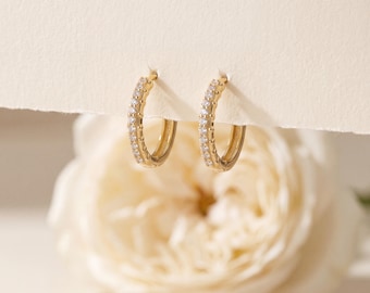 925 Sterling Silver Gold Tone Pave CZ Hoop Huggie Earrings, Dainty Crystal Huggies, Minimalist Elegant Gift for Women