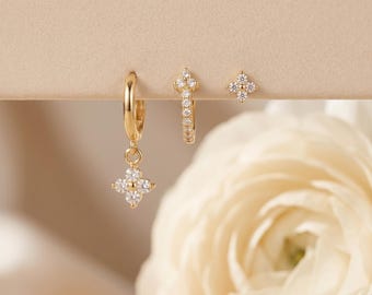 Parure d'oreilles 3 pièces en argent sterling 925, pendentif CZ floral avec pendentif, boucles d'oreilles superposées minimalistes, cadeau pour elle