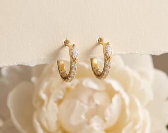 925 Sterling Silver  CZ Hoop Earrings, Marquise Crystal Pavé Huggie Hoops, Dainty Elegant Everyday Jewelry Gift for Her