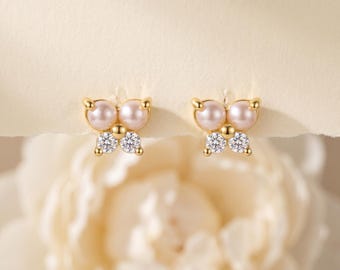 925 Sterling Silver Pearl CZ Stud Earrings, Gold Butterfly Studs, Minimal Dainty Everyday Earrings, Gift for Her Jewelry