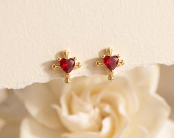 925 Sterling Silver Red Heart CZ Stud Earrings, Gold Plated Crystal Romantic Minimalist Love Heart Jewelry Gift for Her