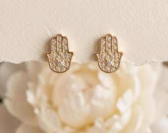925 Sterling Silver Palm Shape CZ Pave Gold Tone Minimal Palm Motif Stud Earrings Dainty Everyday Jewelry Gift for Her
