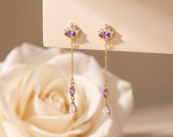 925 Sterling Silver Purple CZ Cluster Chain Drop Earrings, Gold Tone Dangle Jewelry, Geometric Statement Gift for Women