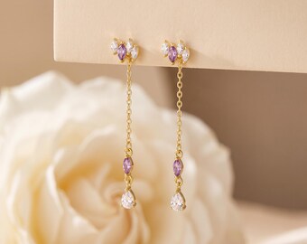 925 Sterling Silver Purple Heart CZ Cluster Chain Drop Earrings, Gold Tone Dangle Statement Jewelry Gift for Women