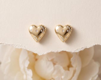 925 Sterling Silver Heart Stud Earrings Gold Tone CZ Pavé Minimal Dainty Love Heart Studs Gift for Her Everyday Elegant Jewelry