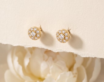925 Sterling Silver CZ Cluster Stud Earrings, Round Halo Crystal Studs, Dainty Minimal Everyday Sparkle Earrings, Gift for Her