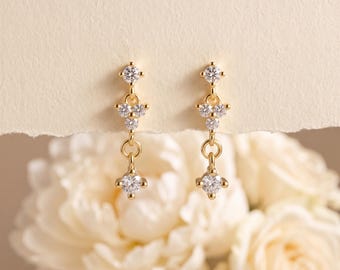 925 Sterling Silver CZ Cluster Drop Earrings, Gold Tone Crystal Dangle Jewelry, Elegant Minimal Statement Gift for Women