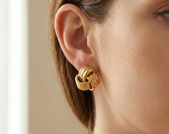 Orecchini a bottone con nodo riempiti in oro 18 carati, orecchini in oro minimalisti e massicci, orecchini a bottone scultorei moderni, gioielli da indossare tutti i giorni, regalo per lei