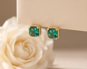 925 Sterling Silver Emerald Green CZ Square Stud Earrings, Gold Halo Minimalist Studs, Dainty Everyday Jewelry Gift