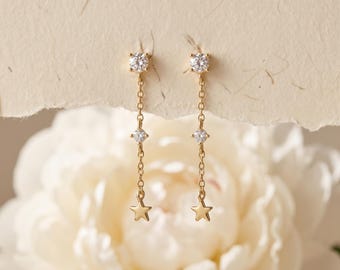 925 Sterling Silver Celestial CZ Linjära Dingla Örhängen, Förgyllda Minimal Glitter, Asymmetriska Presentsmycken, Elegant