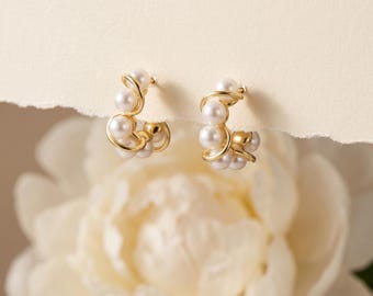 925 Sterling Silver Pearl Hoop Earrings Gold Twist Pearl Cluster Huggie Dangle Studs Minimalist Dainty Everyday Gift for Her