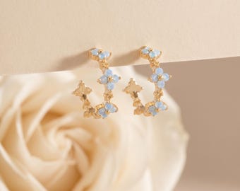 18K Gold Filled Blue Flower Hoop Earrings, Dainty Floral Huggie Hoops, Cute Minimalist Jewelry Gift for Women
