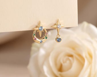 925 Sterling Silver Star  Moon Asymmetrical Earrings, Celestial Huggie Hoops, Dainty Multicolor Drop Gift Her