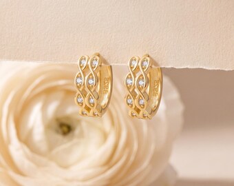 925 Sterling Silver CZ Woven Infinity Hoop Huggie Earrings, Gold Tone Pave Cubic Zirconia Sparkle Ear Hoops, Elegant Gift Her
