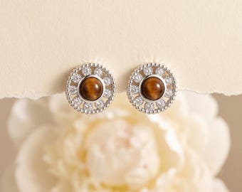 925 Sterling Silver Tiger Eye Stud Earrings, Sunburst  Halo Gemstone Earrings, Vintage Boho Minimal Dainty Jewelry Gift for Her