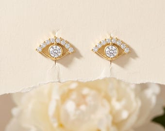925 Sterling Silver Gold CZ Eye Shape Stud Earrings, Pave CZ Dainty Eye Jewelry, Minimalist Geometric Gift for Her
