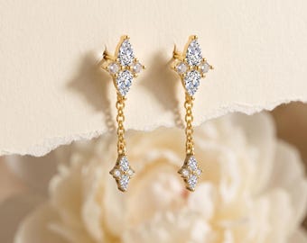 925 Sterling Silver Gold CZ Drop Earrings, Long Chain Dangle Earrings, Teardrop Crystal Huggie Hoops, Dainty Gift for Her