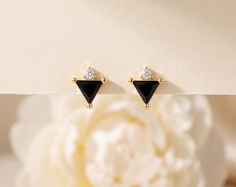 925 Sterling Silver Black Onyx Triangle Stud Earrings, CZ Halo Geometric Minimalist Dainty Studs, Gift for Her Jewelry