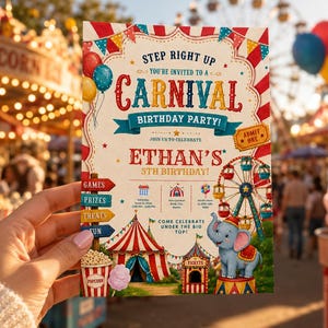 Könnte beinhalten: Einladung zur Geburtstagsparty im Karneval-Stil. Das Design zeigt ein Riesenrad, ein Zirkuszelt und einen Elefanten. Der Text lautet "Carnival Birthday Party!" und "Ethan's 5th Birthday!" mit bunten Luftballons und Bannern.