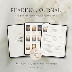 May include: A digital reading journal with three open screens. The top screen displays the words "READING JOURNAL" and "Designed for a calm, focused reading flow." The journal includes "Two Covers," "Fully Hyperlinked," and "Note Pages."
