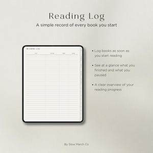 Reading log page for tracking started, finished, and paused books in a minimal digital reading journal