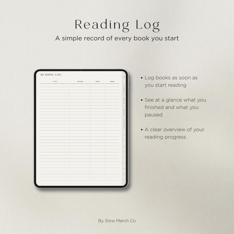 Reading log page for tracking started, finished, and paused books in a minimal digital reading journal