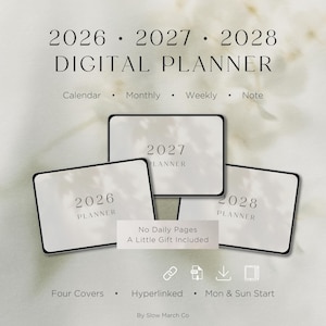 以下が含まれることがあります： 2026年、2027年、2028年を表示する3つのデジタルスクリーンを備えたデジタルプランナーのデザイン。スクリーンは白で、黒い縁とテキストがあります。テキストには「DIGITAL PLANNER」、「Calendar」、「Monthly」、「Weekly」、「Note」が含まれています。