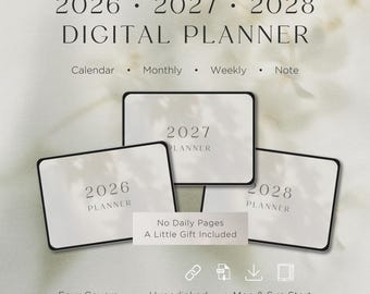 Minimale digitale planner: 2026, 2027, 2028 met hyperlinks Jaarlijks Maandelijks Wekelijkse lay-out · Eenvoudige wekelijkse agenda van één pagina · iPad GoodNotes