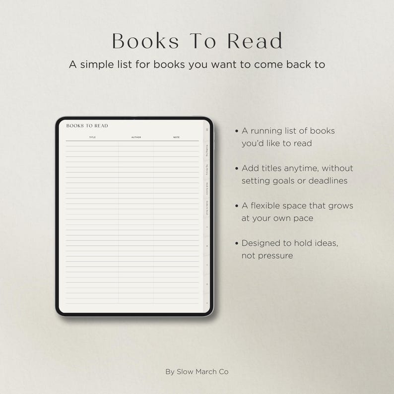 Books to read list page for planning future reading without pressure in a simple digital reading journal