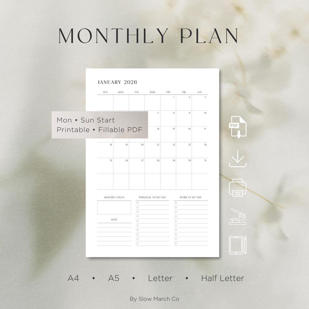 2026 Monthly Calendar Planner – Minimalist Printable PDF (A4, A5 ...
