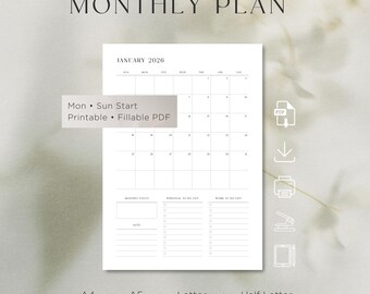 2026 Monthly Calendar Planner – Minimalist Printable PDF (A4, A5, Letter)