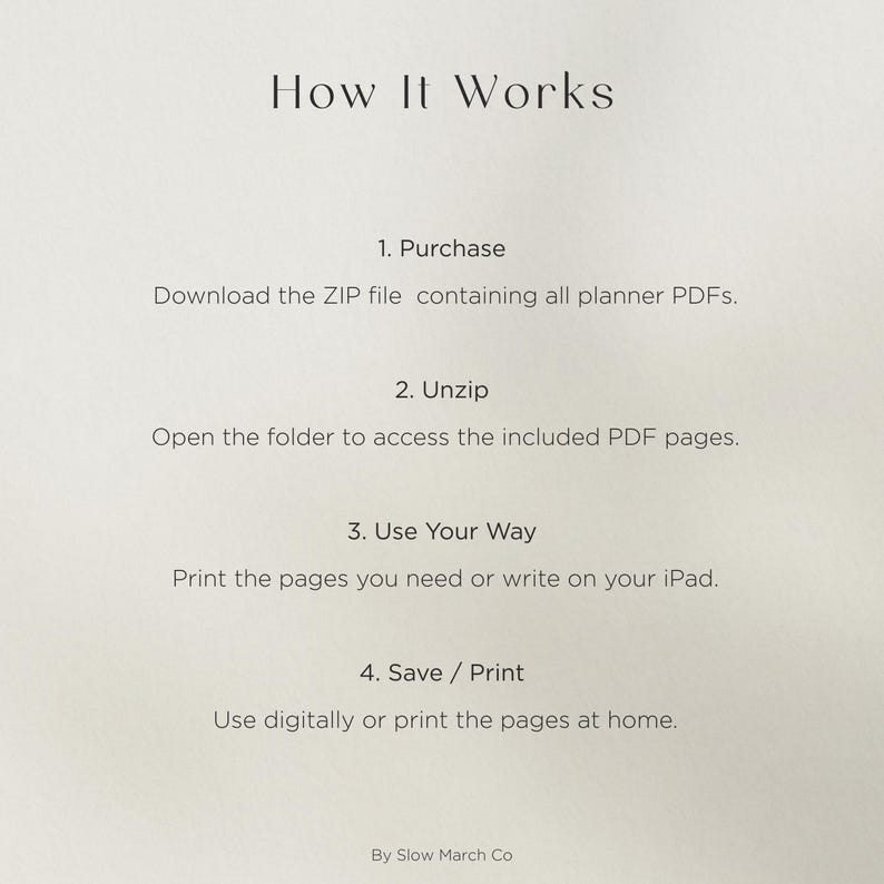 Op de afbeelding: Een cr&egrave;mekleurige afbeelding met de tekst "How It Works" bovenaan. De tekst beschrijft de stappen om een digitale planner te gebruiken: Kopen, Uitpakken, Gebruik je manier en Opslaan/Afdrukken. Het lettertype is eenvoudig en elegant.