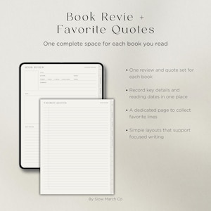 Book review and favorite quotes pages designed for recording notes, key ideas, and memorable passages from books