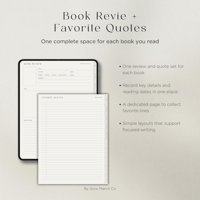 Book review and favorite quotes pages designed for recording notes, key ideas, and memorable passages from books
