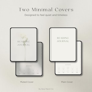 Op de afbeelding: Twee minimale leesboekcovers, &eacute;&eacute;n gedempt en &eacute;&eacute;n effen, met de tekst "Reading Journal" in een minimalistisch ontwerp. De covers zijn wit met zwarte randen en de onderste covers tonen notitiepapierontwerpen. De tekst "Two Minimal Covers" en "Designed to feel quiet and timeless" staan bovenaan.