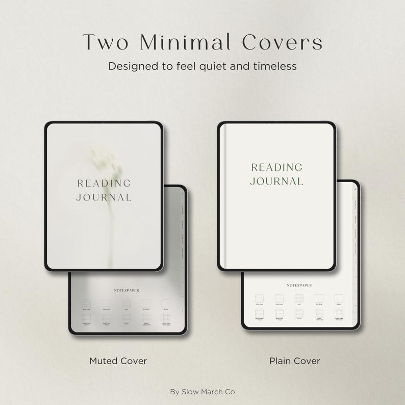 Op de afbeelding: Twee minimale leesboekcovers, &eacute;&eacute;n gedempt en &eacute;&eacute;n effen, met de tekst "Reading Journal" in een minimalistisch ontwerp. De covers zijn wit met zwarte randen en de onderste covers tonen notitiepapierontwerpen. De tekst "Two Minimal Covers" en "Designed to feel quiet and timeless" staan bovenaan.