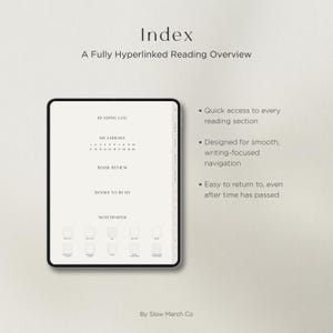 Fully hyperlinked index page of a digital reading journal showing organized sections for reading logs, reviews, and notes
