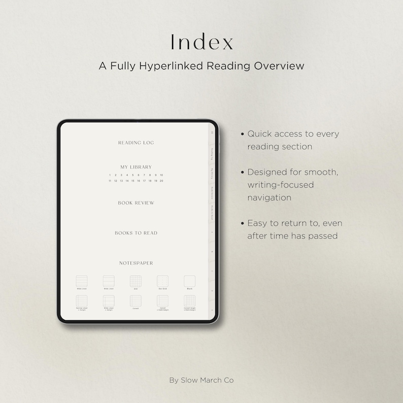 Fully hyperlinked index page of a digital reading journal showing organized sections for reading logs, reviews, and notes