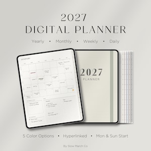 May include: A 2027 digital planner displayed on a tablet screen, featuring a monthly calendar view for January with handwritten notes, alongside a cover page labelled 2027 Planner. The interface includes tabs for yearly, monthly, weekly, and daily views.