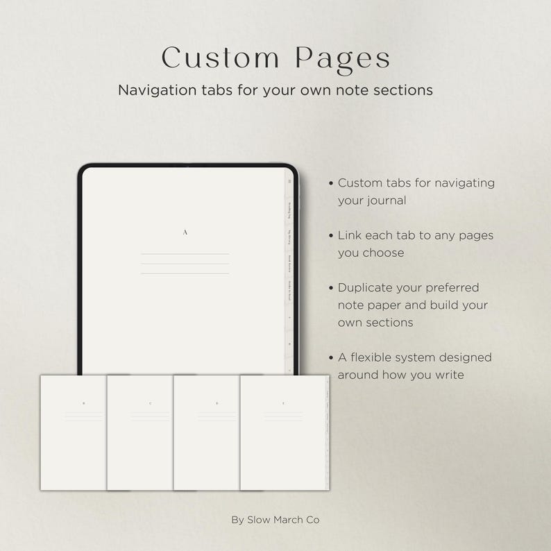 Custom navigation tabs and flexible sections in a digital reading journal for personalized organization