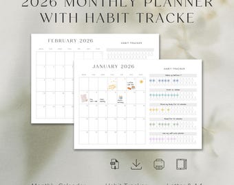 2026 Monthly Planner with Habit Tracker | Printable & Digital Monthly Planner | Minimal Calm Planning