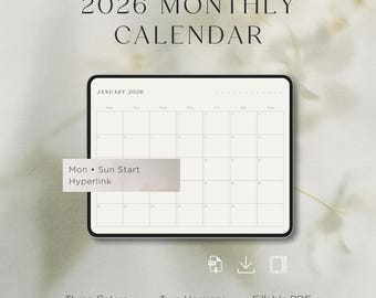 2026 Monthly Calendar with Hyperlink – Digital iPad Planner (Fillable PDF)