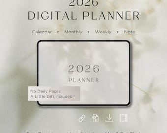 Digitale planner 2026: jaarlijkse maandelijkse wekelijkse lay-out met hyperlinks · Eenvoudige wekelijkse agenda van één pagina · iPad GoodNotes, donkere modus
