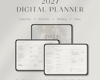 Agenda digital 2027, agenda semanal con hipervínculos y fechas, agenda mensual para GoodNotes, agenda para iPad, modo oscuro.