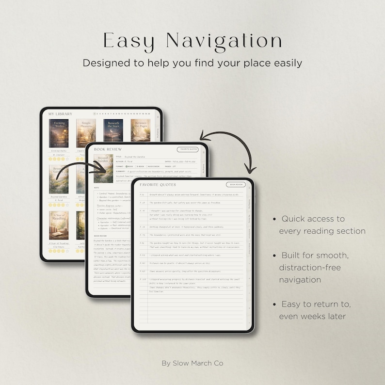 Hyperlinked digital reading journal with side tabs and clean navigation for easy access to reading sections