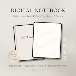 May include: A digital notebook with the text "DIGITAL NOTEBOOK" at the top. The notebook is open to an index page. The cover of the notebook is visible on the left. The text "Minimal Calm Everyday" is on a sticker.