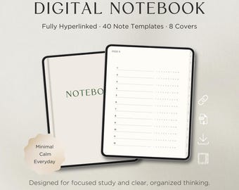 Digitaal notitieboek met index met hyperlinks, minimale aantekeningen, logboekpagina's voor taal en fouten, maandelijkse weekplanner