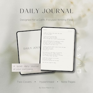 Może przedstawiać: Biały i czarny dziennik Daily Journal z tekstem "DAILY JOURNAL" i "Designed for a Calm, Focused Writing Flow." Dziennik jest otwarty na stronę z odręcznym tekstem. Dodatkowy tekst zawiera "Two Covers", "Hyperlinked" i "Note Pages."