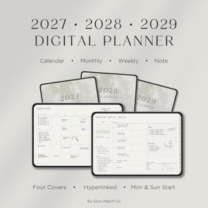 Op de afbeelding: Een digitale planner-set voor 2027, 2028 en 2029 met vier covers en hyperlinks. Het scherm toont een maandkalender voor maart 2027 en een weekschema voor 17 tot 23 mei. De tekst bevat 2027, 2028, 2029 DIGITAL PLANNER.